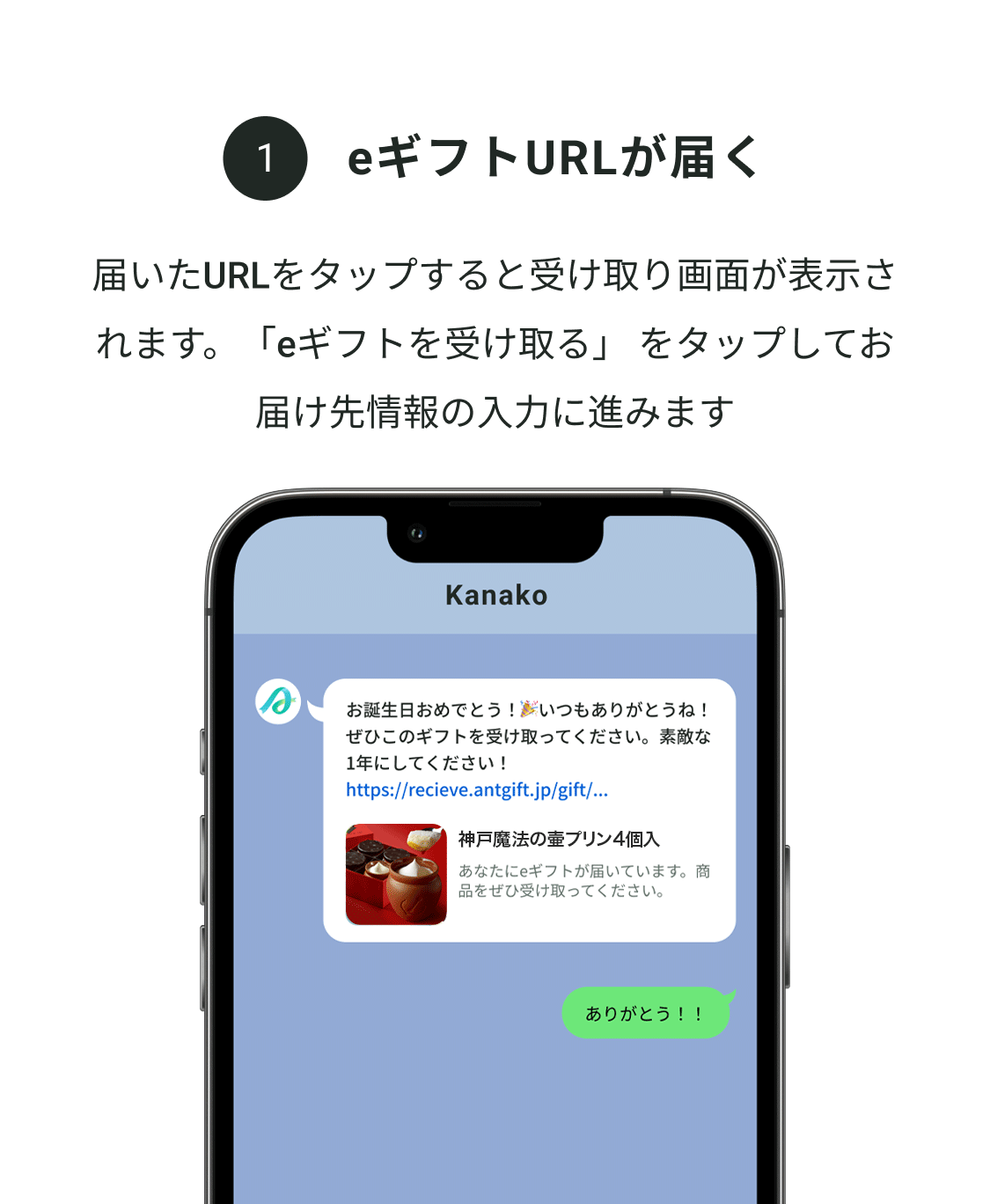 届いたURLをタップすると受け取り画面が表示されます。「eギフトを受け取る」をタップしてお届け先情報の入力に進みます