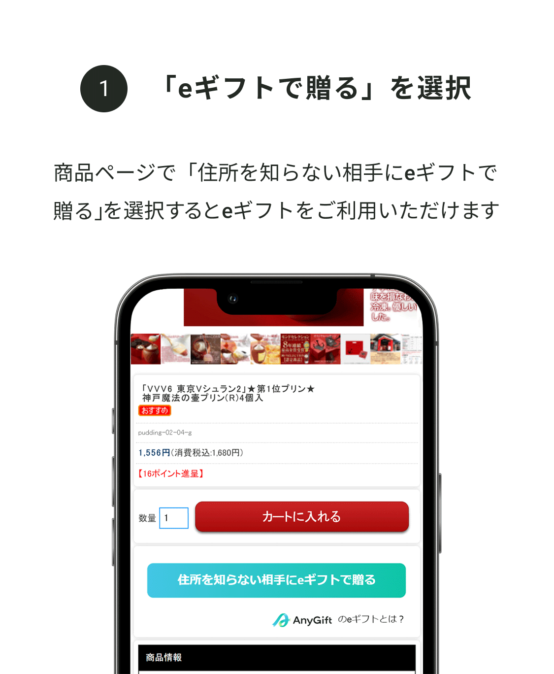 商品ページで「住所を知らない相手にeギフトを贈る」を洗濯するとeギフトをご利用いただけます