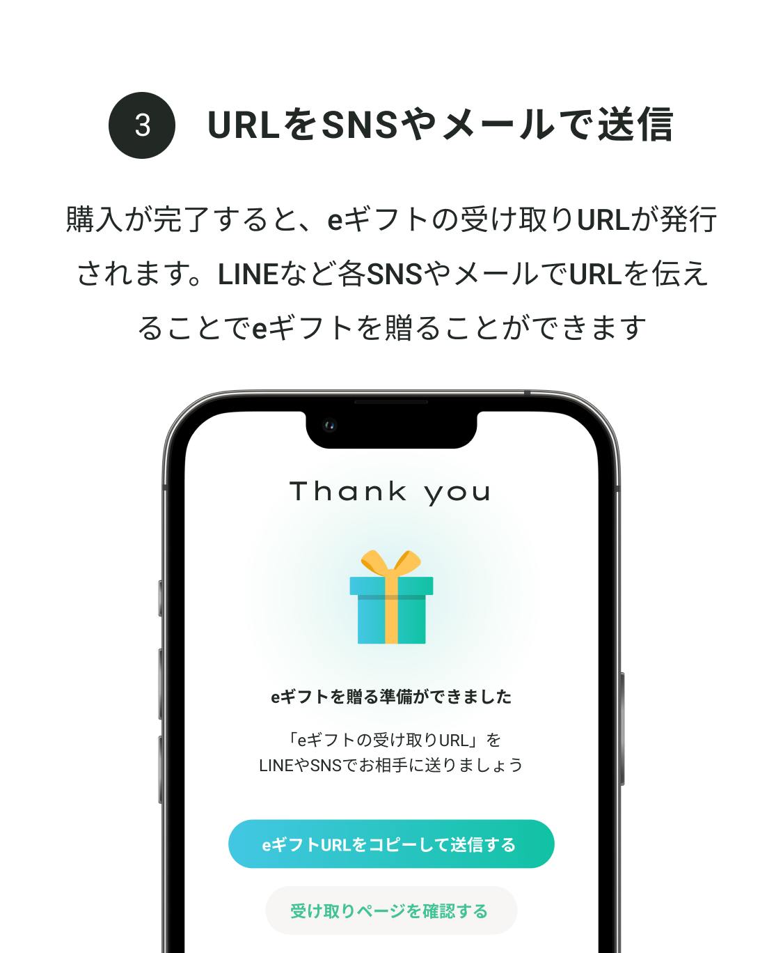 購入が完了すると、eギフトの受け取りURLが発行されます。LINEなど各SNSやメールでURLを伝えることでeギフトを贈ることができます